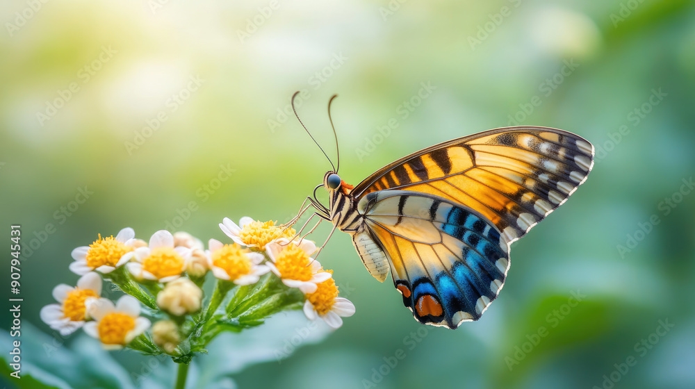 Obraz premium Discover the intricate details of a butterfly resting on a vibrant flower, perfect for nature lovers and floral enthusiasts seeking stunning visuals.