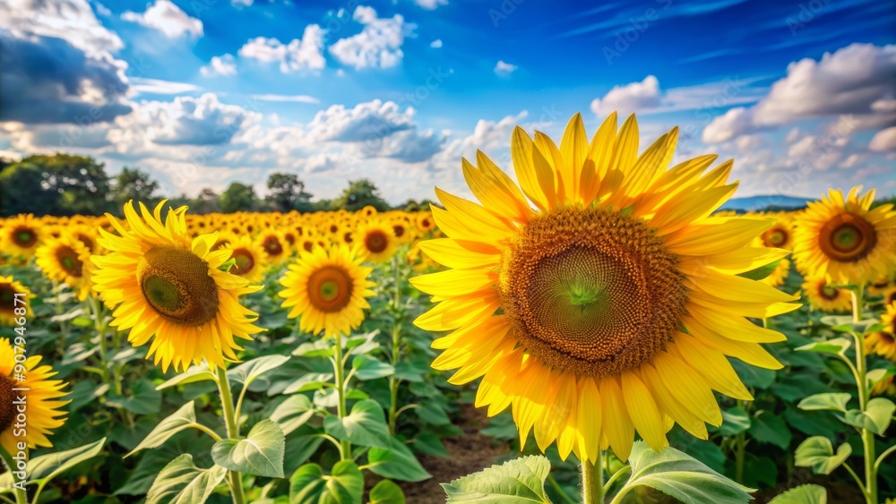 Vibrant sunflower field with lush greenery and bright yellow blooms under a clear blue sky, evoking feelings of happiness and freedom on a warm summer day.