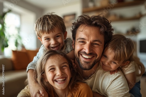 Young parents having fun with their children at home, Generative AI