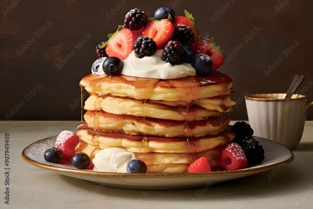 Appetizing layers of pancakes with syrup and berries. Appetizing layers of pancakes with syrup and berries.
