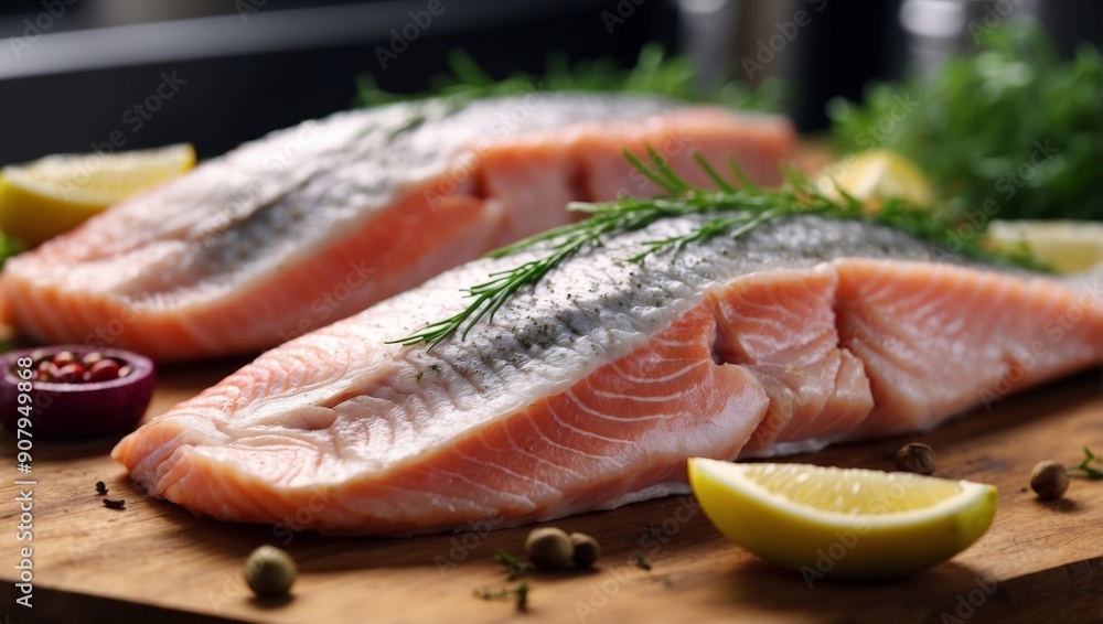 Fresh Fish Fillets on a Kitchen Counter A Gourmets Delight and Nutritional. Fresh Fish Fillets on a Kitchen Counter A Gourmets Delight and Nutritional.