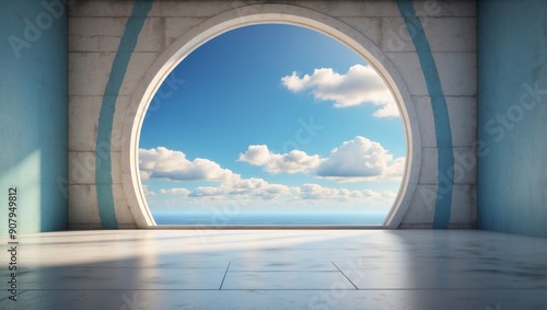 Empty room with concrete wall and floor and round window with blue sunny sky and clouds. photo