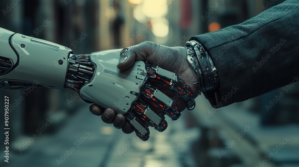Robotic Handshake: Collaboration in Technology -Close-up of a handshake between two robotic arms, symbolizing advanced technology, AI collaboration, and futuristic partnership. Robotic Handshake: Collaboration in Technology -Close-up of a handshake between two robotic arms, symbolizing advanced technology, AI collaboration, and futuristic partnership.