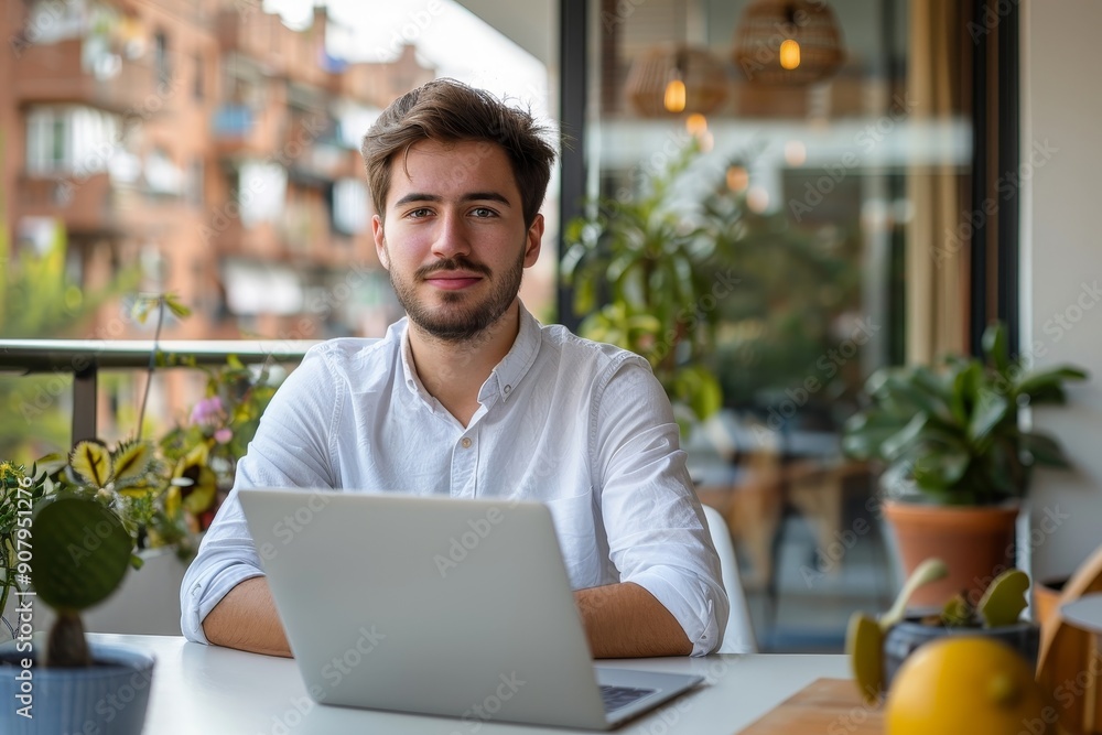 Successful young entrepreneur working in a modern office with a balcony, Generative AI Successful young entrepreneur working in a modern office with a balcony, Generative AI