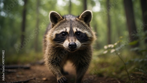 Close up of a raccoon attacking the camera in the forest. photo