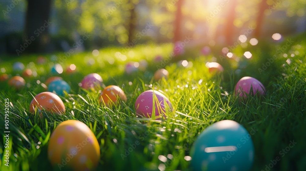 Easter eggs, symbolizing new beginnings, joy, and celebration, are nestled in a field of vibrant green grass, bathed in warm sunlight. Easter eggs, symbolizing new beginnings, joy, and celebration, are nestled in a field of vibrant green grass, bathed in warm sunlight.