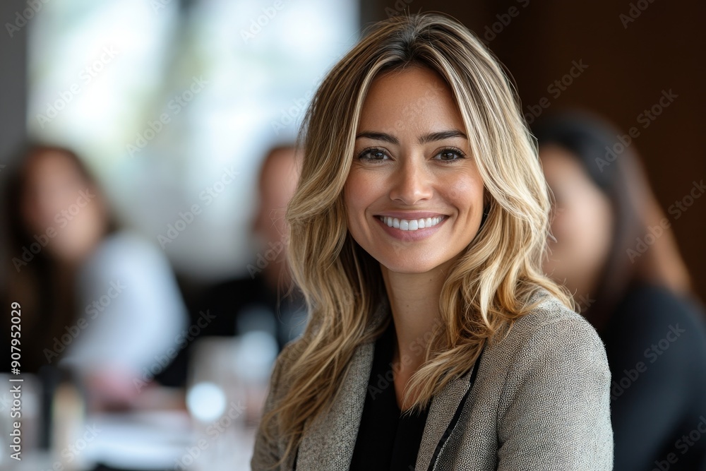 Smiling businesswoman speaker interacting with team during a conference, Generative AI Smiling businesswoman speaker interacting with team during a conference, Generative AI