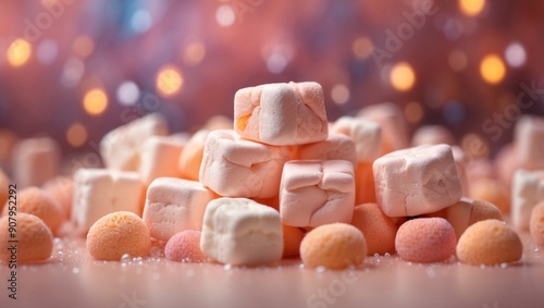 Exotic Flavored Marshmallows Suspended in a Pastel Peach Universe. photo