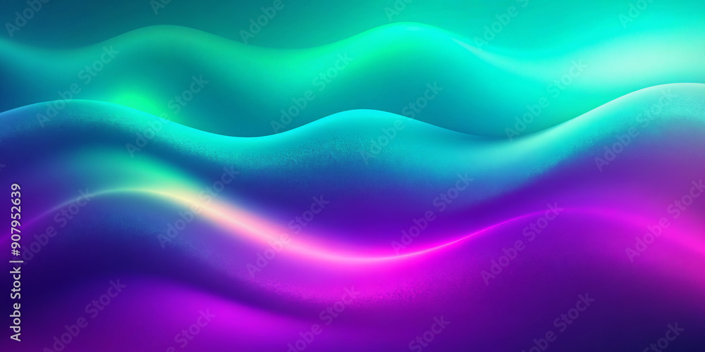 Obraz premium Vibrant, rippling waves of teal, green and purple blend seamlessly to create a soothing and dynamic visual. Smooth color transitions and the interplay of light and color create a sense of movement.AI