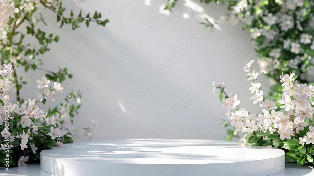 Empty White Podium Surrounded By Flowers Empty White Podium Surrounded By Flowers