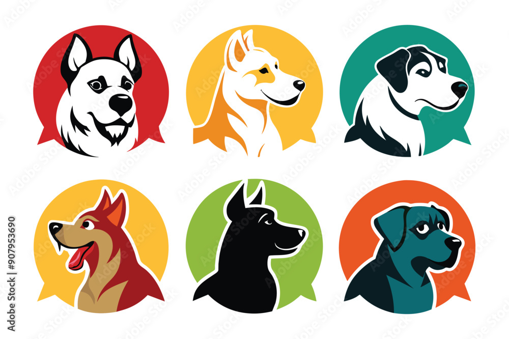 Six Colorful Dog Head Icons with Speech Bubbles Six Colorful Dog Head Icons with Speech Bubbles