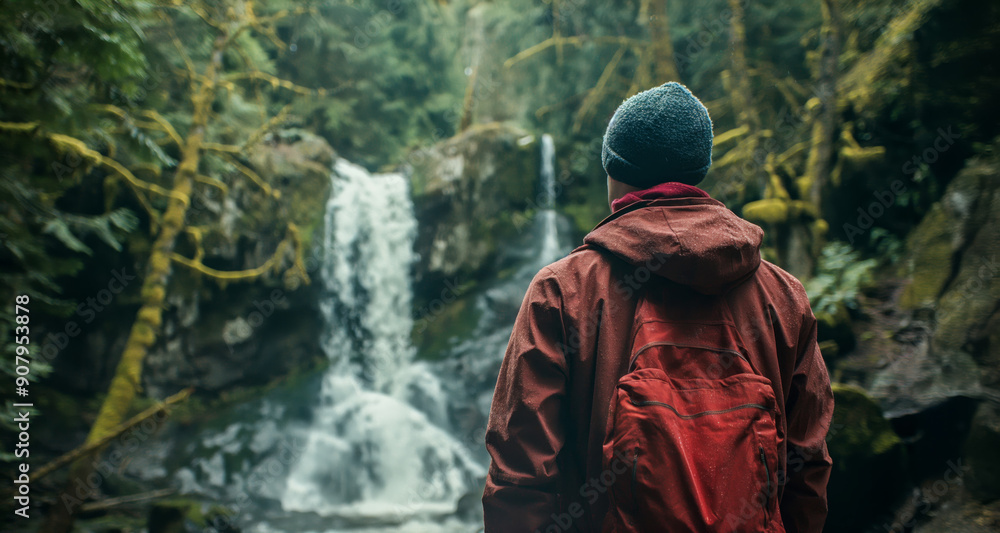 A solitary figure, clad in a red jacket and gray beanie, stands in reverie near a cascading waterfall, their back turned as they absorb the grandeur of the lush, rain-kissed forest. A solitary figure, clad in a red jacket and gray beanie, stands in reverie near a cascading waterfall, their back turned as they absorb the grandeur of the lush, rain-kissed forest.