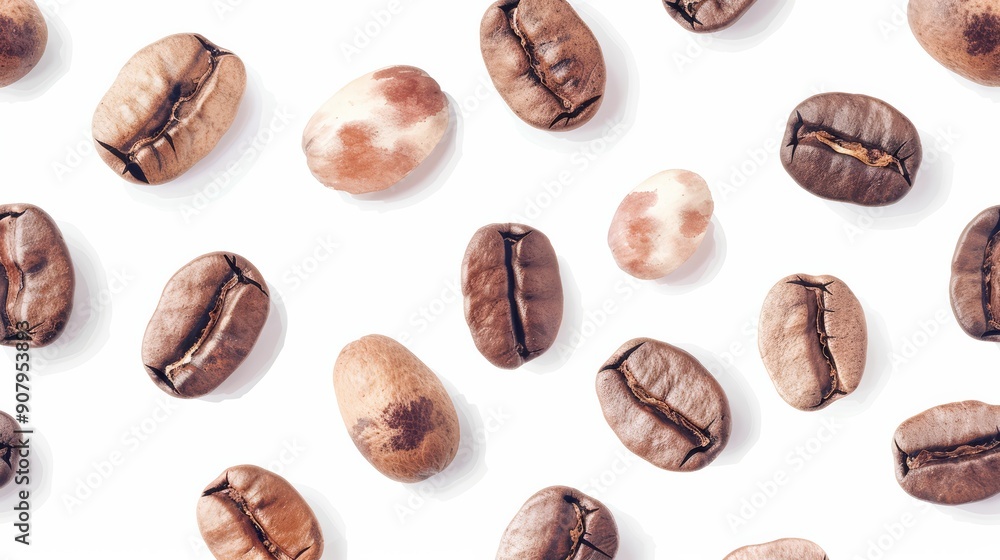 Close-up of coffee beans scattered on a white background, showcasing the detailed texture and variety of roasted coffee beans. Close-up of coffee beans scattered on a white background, showcasing the detailed texture and variety of roasted coffee beans.