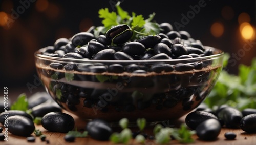 Fresh Black Beans Double Exposure Nutritious Latin Cuisine Dish with Shiny Beans. photo