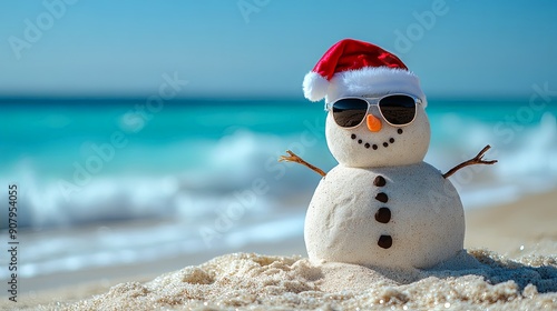 Holiday Snowman Made of Sand on Sunny Beach