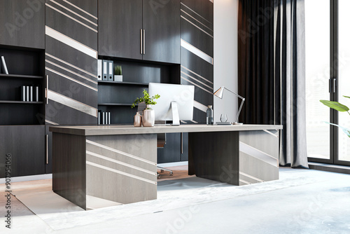 Tablou pe pânză Modern executive office with sleek furniture and city view