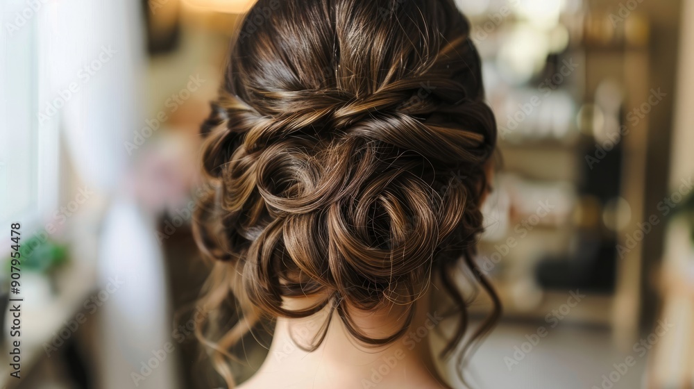 Naklejka premium A close-up of a beautiful bride's hair. Conceptual themes on hairdressers, weddings and wedding preparations. 