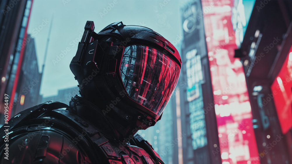 High-tech cybernetic soldier in a futuristic urban environment High-tech cybernetic soldier in a futuristic urban environment
