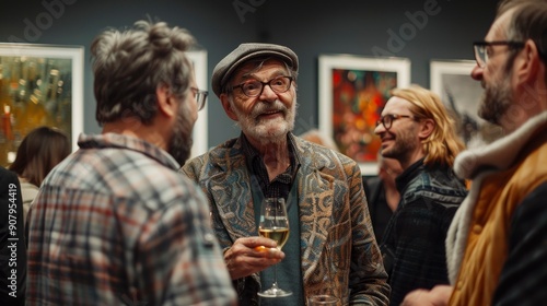 A successful artist receiving an award at a gallery exhibition, with admiring looks from attendees photo