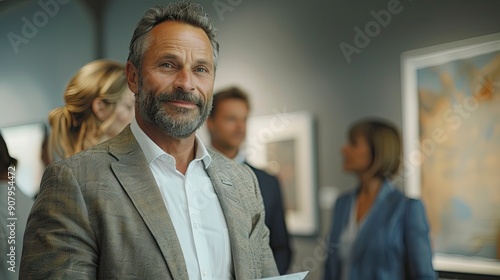 A successful artist receiving an award at a gallery exhibition, with admiring looks from attendees photo