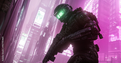 High-tech cybernetic soldier in a futuristic urban environment photo