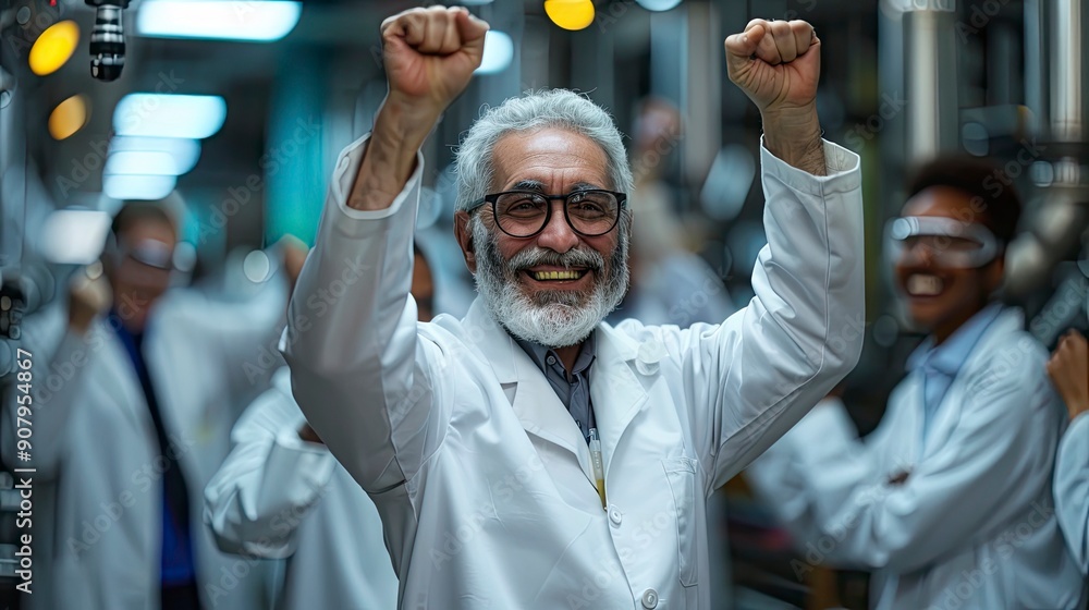 © kanesuan - A joyful scientist celebrating a breakthrough discovery, with colleagues congratulating and smiles all around