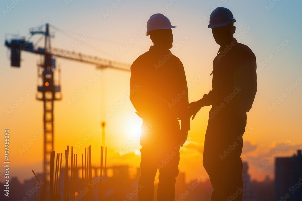 Silhouettes of construction workers discussing plans against a sunset backdrop, highlighting teamwork and dedication in the industry. Silhouettes of construction workers discussing plans against a sunset backdrop, highlighting teamwork and dedication in the industry.