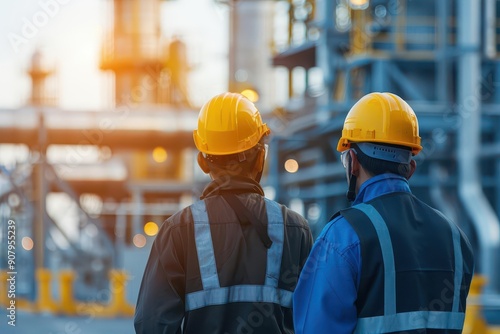 Two industrial workers in helmets observing equipment at a construction site during sunset, emphasizing teamwork and safety.