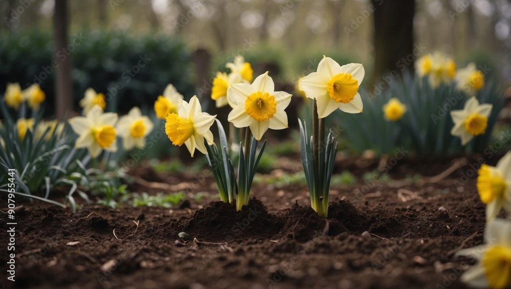 Daffodils and spade in the garden, spring flower planting concept. Daffodils and spade in the garden, spring flower planting concept.