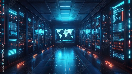 A futuristic data center with rows of servers and LED lights, with a holographic display showing a global network map, emphasizing the role of data infrastructure in supporting global wireless