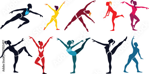 Dynamic gymnast poses, artistic performance, flexibility, strength, fitness, sports, Gymnast silhouette vector design for balance, gracefulness, Gymnast silhouette set vector illustration.eps