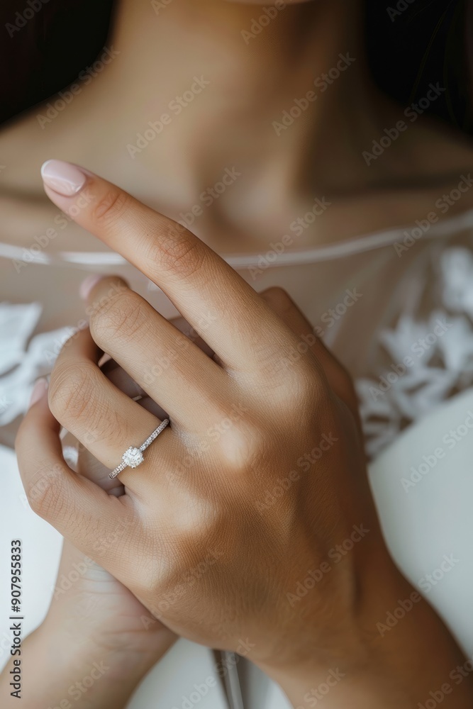 Obraz premium A close-up shot of a woman wearing a diamond wedding ring on her hand. Marriage and vows concept topics. 