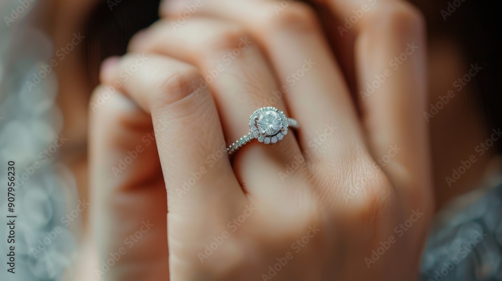 A close-up shot of a woman wearing a diamond wedding ring on her hand. Marriage and vows concept topics. A close-up shot of a woman wearing a diamond wedding ring on her hand. Marriage and vows concept topics.