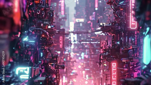 Walk through a stunning, high-tech city surrounded by neon lights and towering structures showcasing advanced technology in every direction