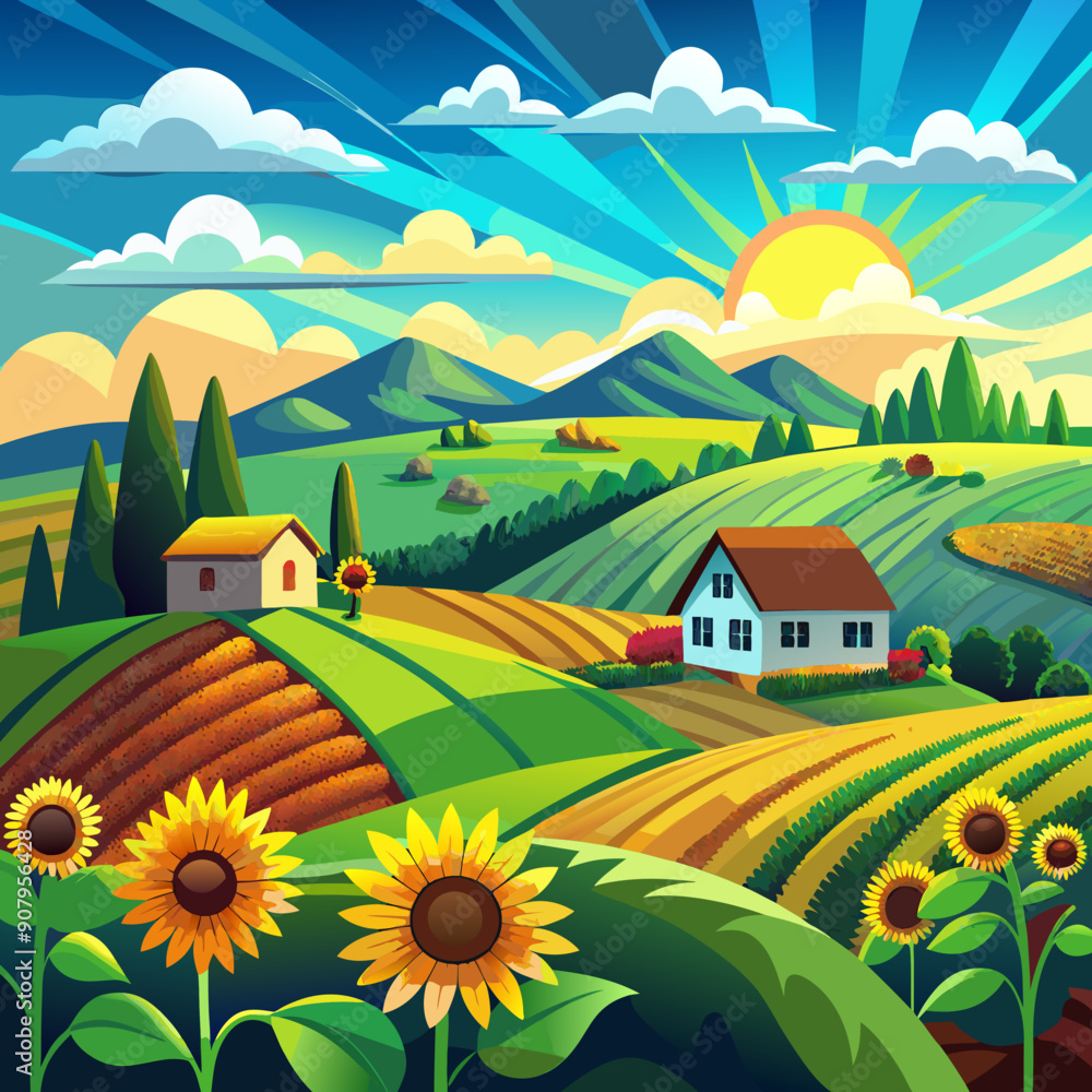 Fototapeta premium beautiful rustic sunflower landscape with a backdrop