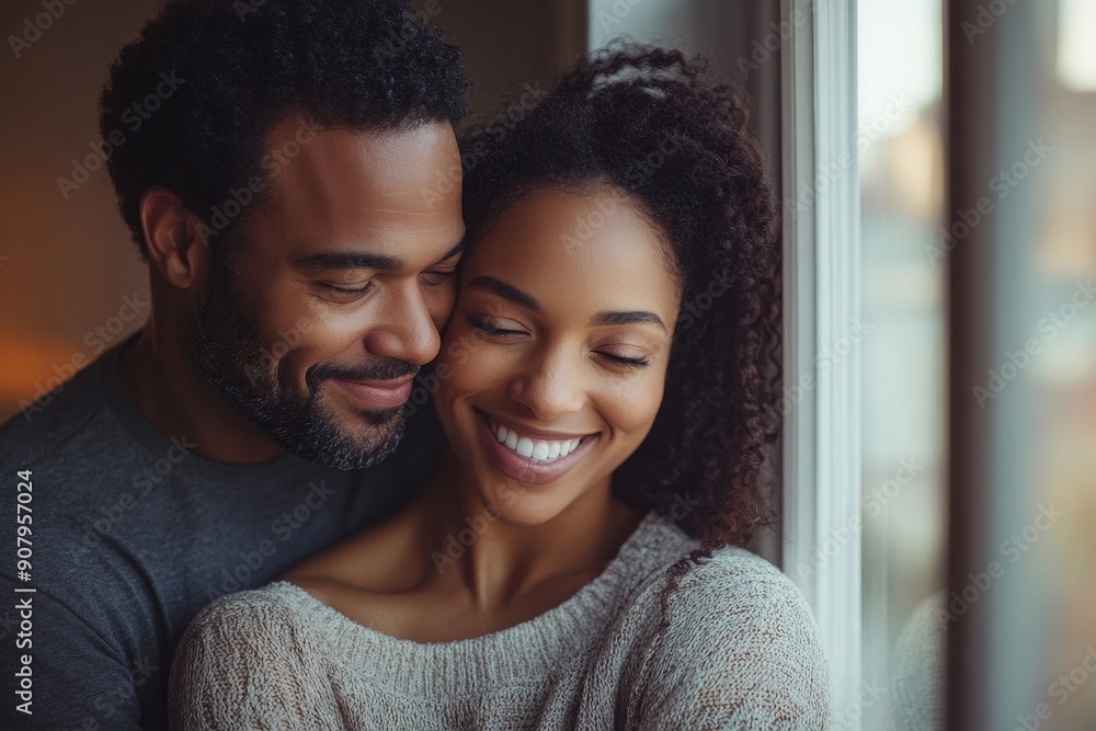 Young happy couple enjoys the view through window at their new home, Generative AI Young happy couple enjoys the view through window at their new home, Generative AI