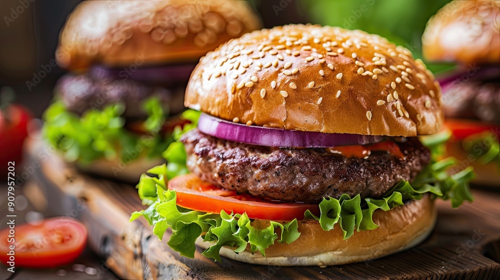 A hamburger on a wooden cutting board. A close-up of a homemade burger. Fast food. Illustration for varied design. A hamburger on a wooden cutting board. A close-up of a homemade burger. Fast food. Illustration for varied design.