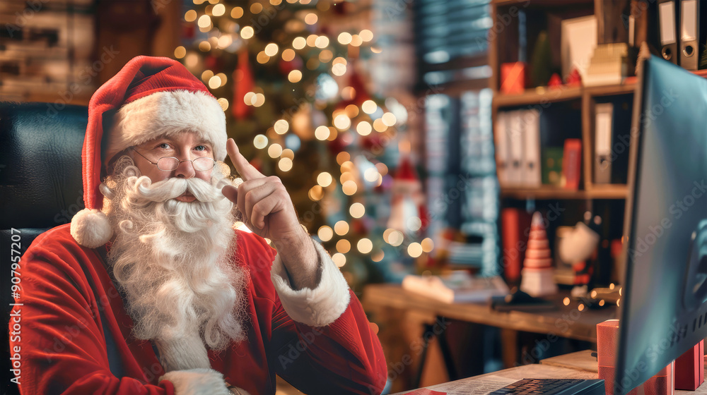 Santa Claus ponders Christmas surprises in his decorated office, surrounded by a beautiful tree and colorful gifts, evoking holiday cheer and magic Santa Claus ponders Christmas surprises in his decorated office, surrounded by a beautiful tree and colorful gifts, evoking holiday cheer and magic