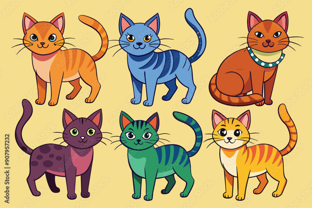 Six Cartoon Cats with Different Colors and Patterns Six Cartoon Cats with Different Colors and Patterns