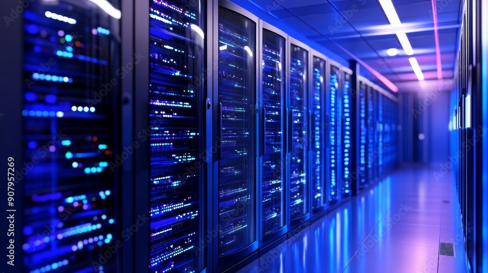 A row of server racks in a data center illuminated with blue lights. The image symbolizes technology, data storage, connectivity, cloud computing, and digital infrastructure. A row of server racks in a data center illuminated with blue lights. The image symbolizes technology, data storage, connectivity, cloud computing, and digital infrastructure.