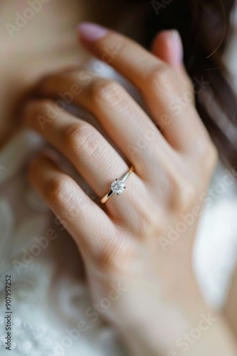 A close-up shot of a woman wearing a diamond wedding ring on her hand. Marria...