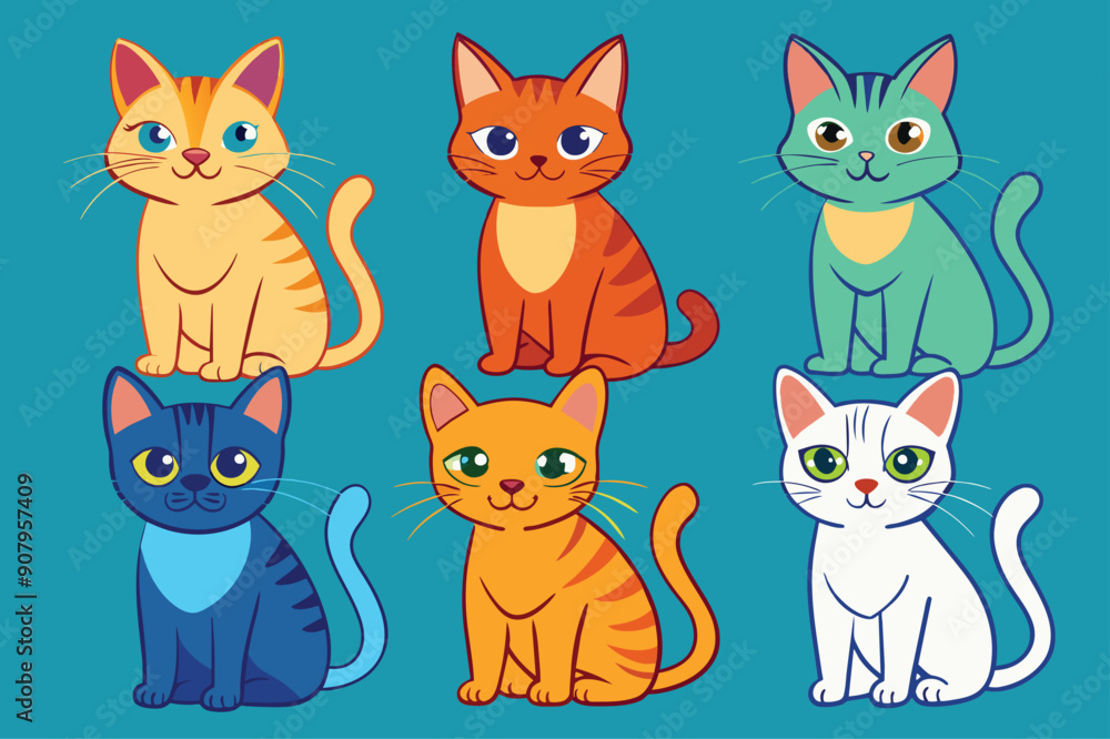 Six Cartoon Cats Sitting in Various Colors on a Blue Background Six Cartoon Cats Sitting in Various Colors on a Blue Background