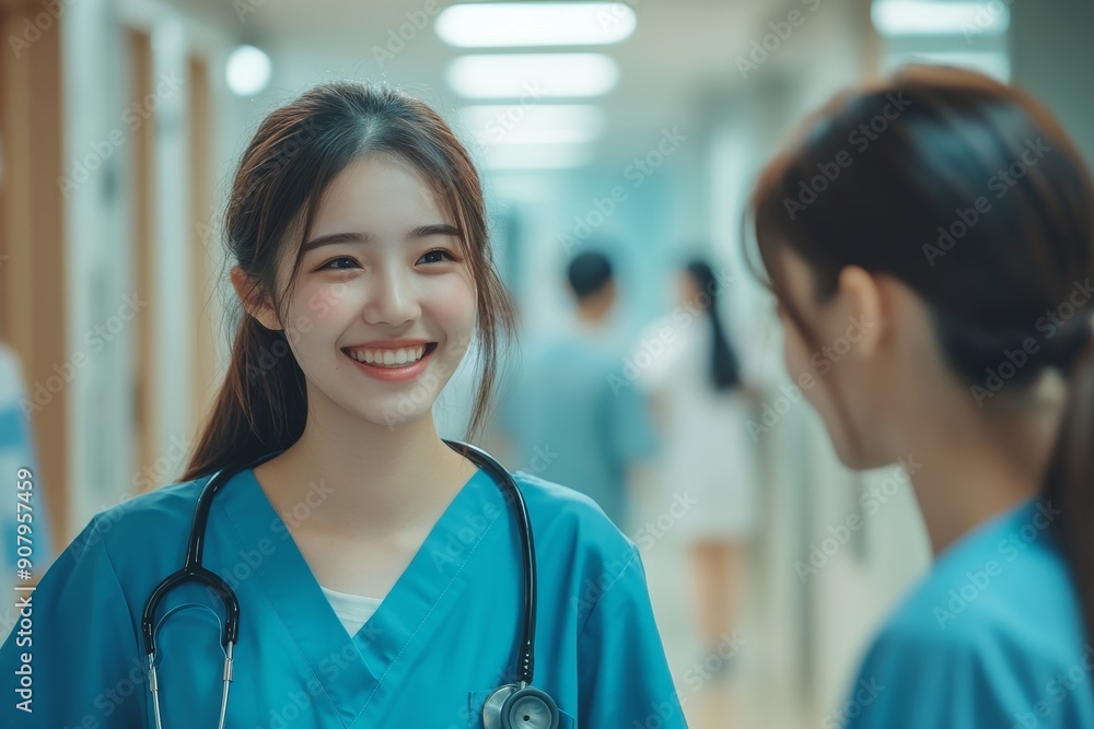 Asian nursing student and her female friend talk while studying in hallway at medical university, Generative AI Asian nursing student and her female friend talk while studying in hallway at medical university, Generative AI
