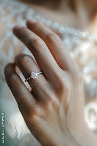 A close-up shot of a woman wearing a diamond wedding ring on her hand. Marria...