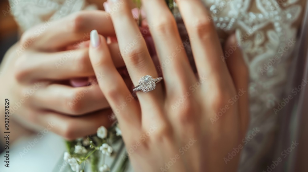Fototapeta premium A close-up shot of a woman wearing a diamond wedding ring on her hand. Marriage and vows concept topics. 