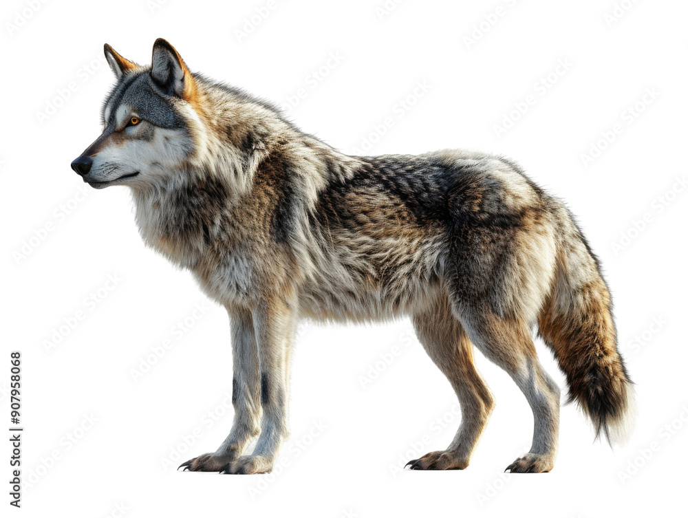 Fototapeta premium A majestic wolf standing majestically, showcasing its powerful physique and striking fur patterns in a natural pose.