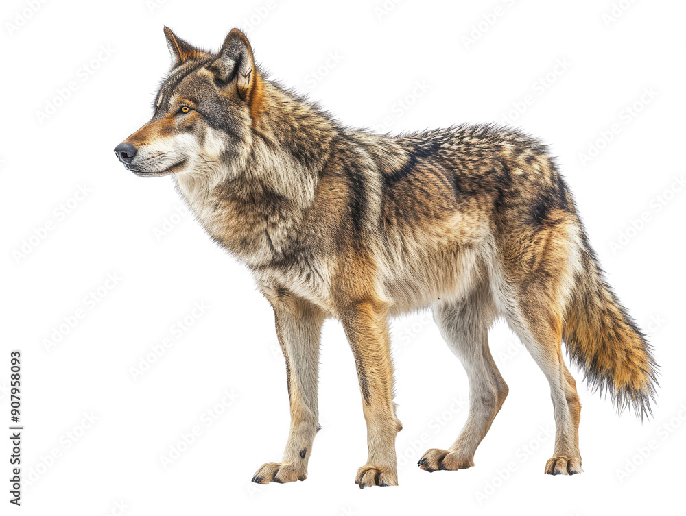 A striking wolf standing proudly, showcasing its beautiful fur and keen gaze in a natural pose. A striking wolf standing proudly, showcasing its beautiful fur and keen gaze in a natural pose.