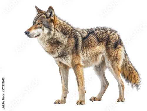 A striking wolf standing proudly, showcasing its beautiful fur and keen gaze in a natural pose.