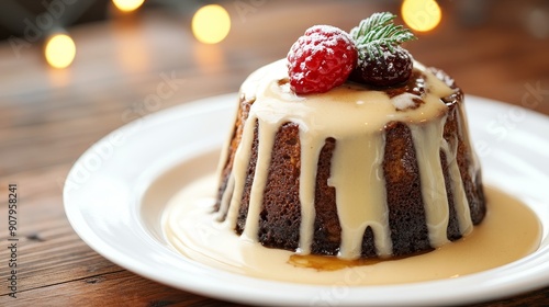 A festive Christmas pudding drizzled with custard and topped with fresh berries, symbolizing warmth, celebration, tradition, indulgence, and joy.