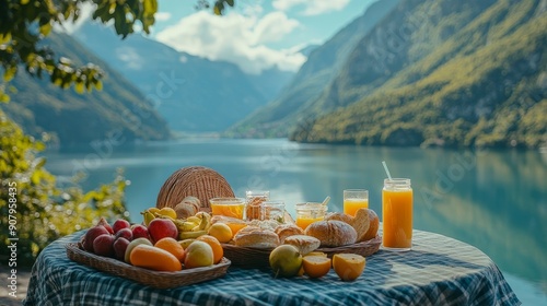 A picturesque picnic scene with a table laden with fresh fruit, pastries, and juice, set against a breathtaking backdrop of a serene lake and majestic mountains. The scene symbolizes  tranquility, rel photo